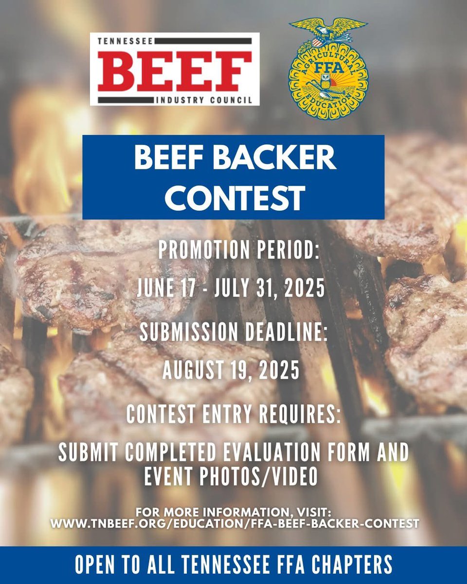 TNFFAFoundation's tweet image. We’re teaming up with the @TNBeefCouncil to launch the Beef Backer Contest for @tnffa! 🥩

Host a beef-focused community event &amp;amp; win up to $850!
📅 June 17–July 31
📝 Submit by Aug 19
📦 Free materials
🏆 Cash prizes

Details ➡️ tnbeef.org/EDUCATION/FFA-…