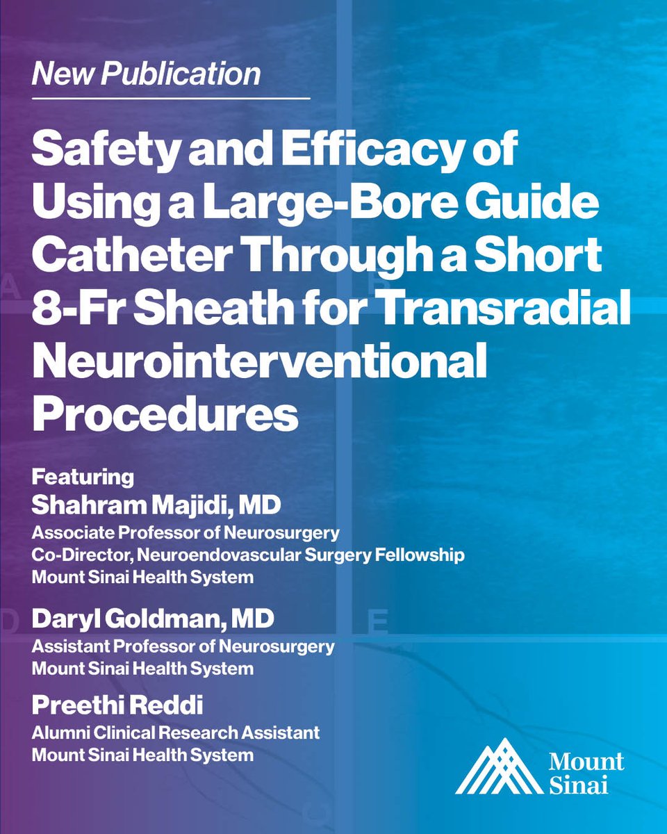 Mount Sinai Neurosurgery (@mountsinaineuro) on Twitter photo New study in <a href="/INR_WFITN/">Interventional Neuroradiology</a> led by <a href="/MountSinaiNeuro/">Mount Sinai Neurosurgery</a> #endovascular #neurosurgeons <a href="/MajidiShahram/">Shahram Majidi, MD</a>, <a href="/Daryl_Goldman/">Daryl Goldman MD</a> & researcher Preethi Reddi shows large-bore 8-Fr TRA is safe & effective. ✅ 82% success, 0.9% adverse events & 82.1% radial patency at 8 months 🔗: bit.ly/4kJmX7e New study in <a href="/INR_WFITN/">Interventional Neuroradiology</a> led by <a href="/MountSinaiNeuro/">Mount Sinai Neurosurgery</a> #endovascular #neurosurgeons <a href="/MajidiShahram/">Shahram Majidi, MD</a>, <a href="/Daryl_Goldman/">Daryl Goldman MD</a> & researcher Preethi Reddi shows large-bore 8-Fr TRA is safe & effective. ✅ 82% success, 0.9% adverse events & 82.1% radial patency at 8 months 🔗: bit.ly/4kJmX7e