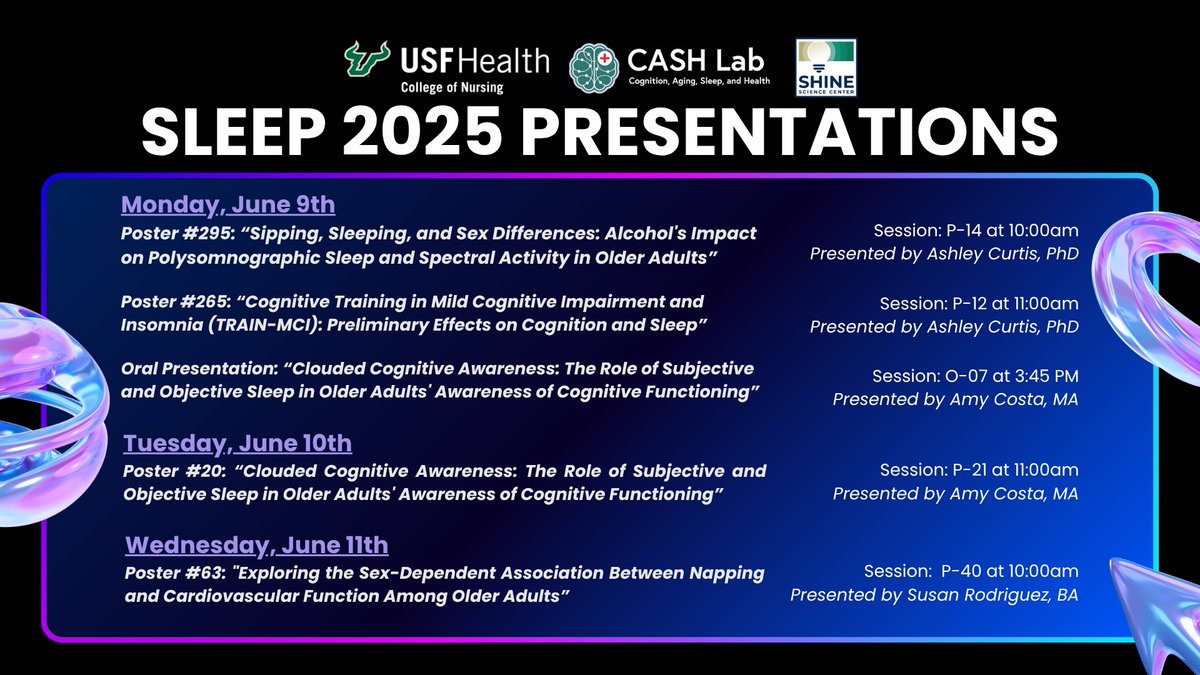 🌙✨ SHINE Science at #SLEEP2025 - featuring the <a href="/CASHlabUSF/">CASH Lab</a>✨🌙
 
🧠💤 The Cognitive Aging in Sleep Health (CASH) Lab is pleased to announce their participation at the SLEEP 2025 Conference in #Seattle, WA.

📍Stop by and learn more about their exciting work!
 
#AASM #SRS