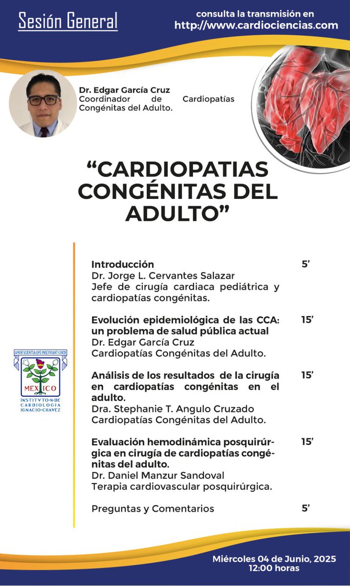 Mexico ACHD Program (@achdmexico) on Twitter photo Los invitamos a la sesión general del Instituto Nacional de Cardiología Ignacio Chávez que la podrán seguir por cardiociencias el próximo 4 de junio a las 12:00 hrs. Les compartimos el link:
facebook.com/share/199HecvC… <a href="/Garedg23/">Edgar GC</a> <a href="/JohnJairoArauj1/">John Jairo Araujo. MD, FSIAC, NBE, FSISIAC, FACC</a> <a href="/CCongenitasSXXI/">Cardiopatías Congénitas SigloXXI</a> <a href="/Cardio_ciencias/">CARDIOCIENCIAS</a> Los invitamos a la sesión general del Instituto Nacional de Cardiología Ignacio Chávez que la podrán seguir por cardiociencias el próximo 4 de junio a las 12:00 hrs. Les compartimos el link:
facebook.com/share/199HecvC… <a href="/Garedg23/">Edgar GC</a> <a href="/JohnJairoArauj1/">John Jairo Araujo. MD, FSIAC, NBE, FSISIAC, FACC</a> <a href="/CCongenitasSXXI/">Cardiopatías Congénitas SigloXXI</a> <a href="/Cardio_ciencias/">CARDIOCIENCIAS</a>