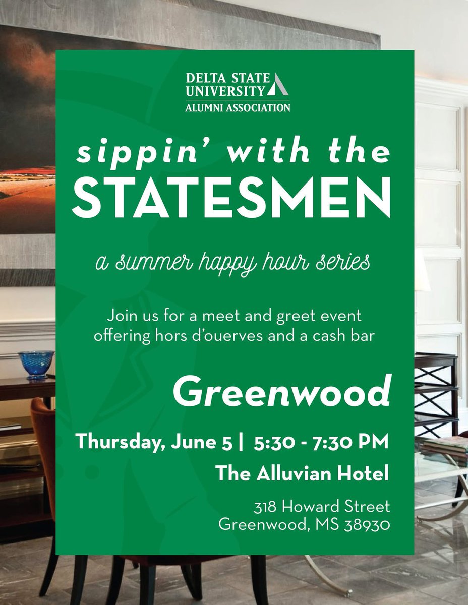 2025 Sippin' with the Statesmen: Greenwood 🎉

📆 THURSDAY : June 5
📍 The Alluvian Hotel | Greenwood, MS
⏰ 5:30-7:30 PM