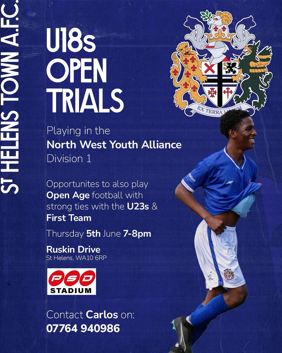 StHelensTownR's tweet image. Our U18s are have another open trails day at @thepsdgroup Stadium, Ruskin Drive, St Helens, WA10 6RP. Thursday 5th, 7pm-8pm
Playing on Sunday’s in the Northwest Youth Alliance
#TownTeam 🔵⚪️