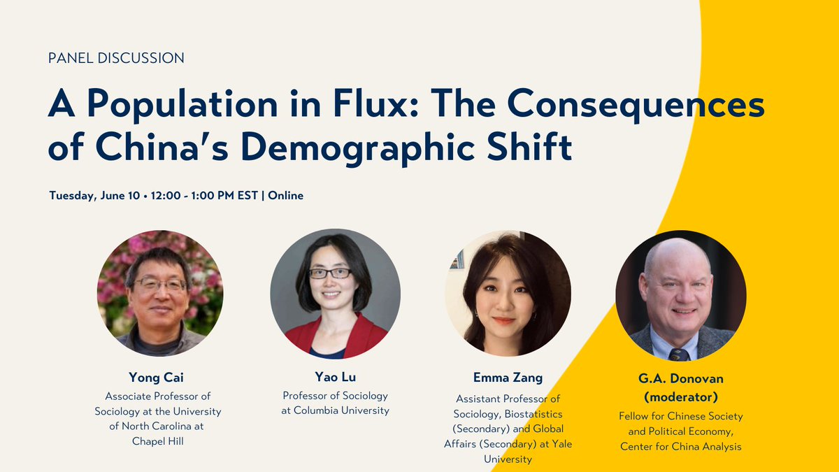 Join us on June 10 for a discussion exploring the consequences of China’s demographic shift on the country’s politics, economy, and society — and what it means for the rest of the world. Featuring <a href="/UNCSociology/">UNC Sociology</a>'s Yong Cai, <a href="/ColumbiaSoc/">Columbia Sociology</a>'s Yao Lu &amp; <a href="/DrEmmaZang/">Emma Zang</a>, with <a href="/GA_DonovanASPI/">G.A. Donovan</a>