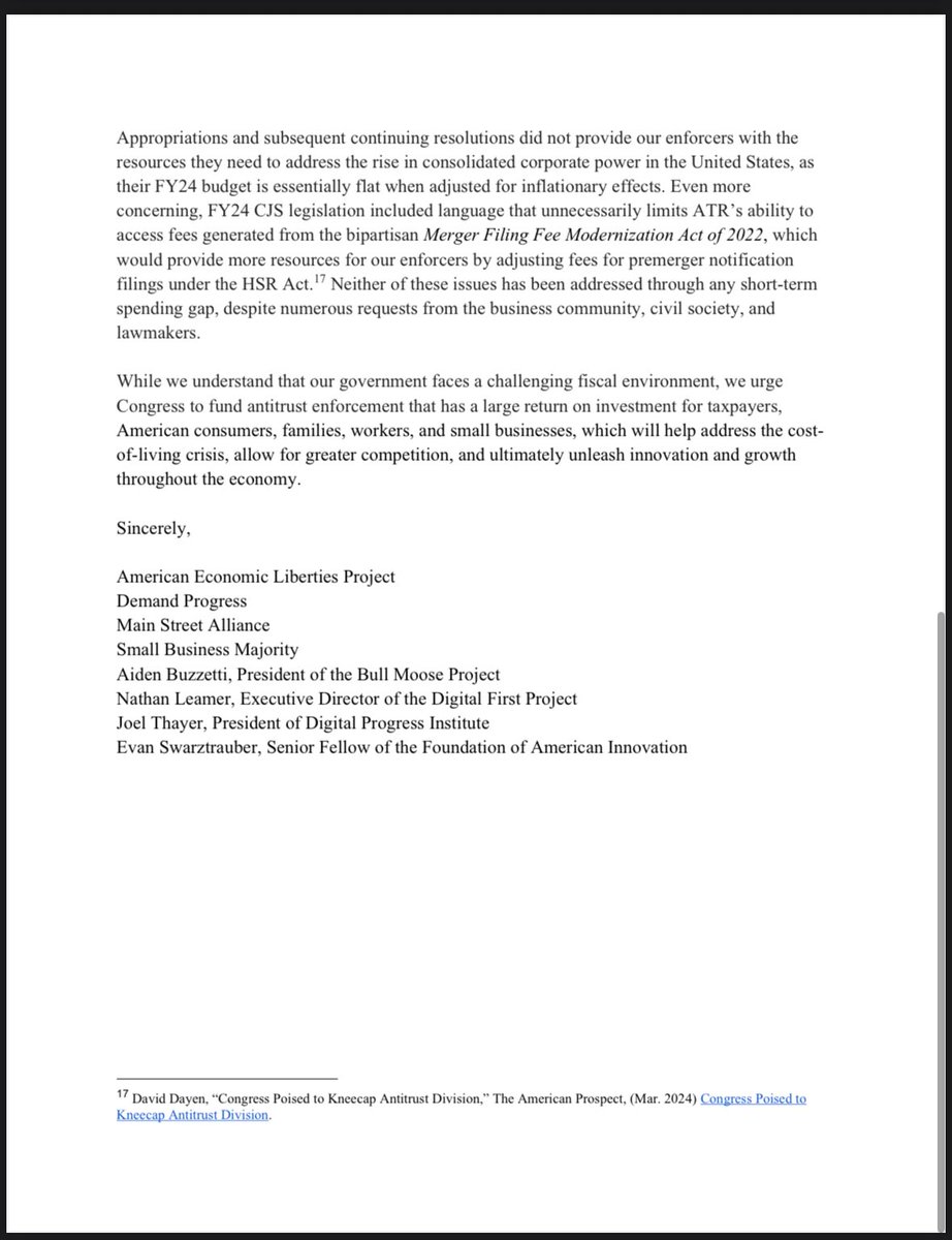 Joel Thayer (@joellthayer) on Twitter photo .<a href="/DigitalProInst/">Digital Progress Institute</a> signed a bipartisan letter asking Congress to sufficiently fund <a href="/JusticeATR/">Antitrust Division</a> & <a href="/FTC/">FTC</a> via HSR fees to ensure consumers are protected from harmful monopolization by the world’s largest companies, including #BigTech. Their work is essential to keep our markets serving .<a href="/DigitalProInst/">Digital Progress Institute</a> signed a bipartisan letter asking Congress to sufficiently fund <a href="/JusticeATR/">Antitrust Division</a> & <a href="/FTC/">FTC</a> via HSR fees to ensure consumers are protected from harmful monopolization by the world’s largest companies, including #BigTech. Their work is essential to keep our markets serving