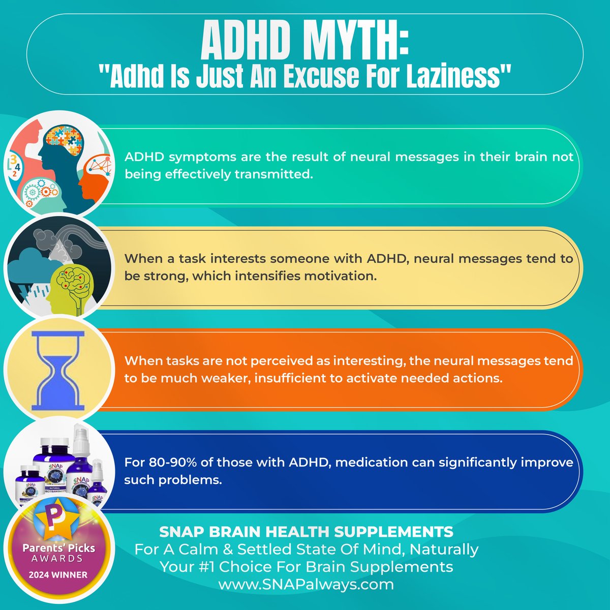 ADHD Myths Debunked: Not Laziness!

ADHD affects brain function. 🤯

Interest boosts neural messages. 🧠

80-90% improve with management. 🌟

Try SNAP Brain Health Supplements for calming. 🧘‍♂️ SNAPalways.com

🧠💊 Raise awareness, share thoughts! ⬇️