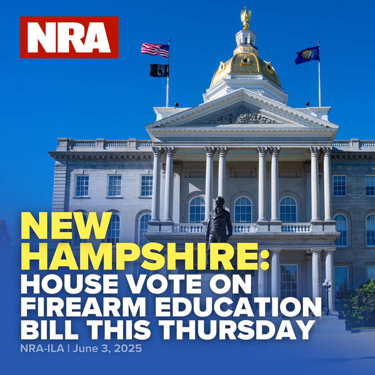 The NH House will hold a floor vote tomorrow on SB 54, which if passed would implement the NRA's Hunter Education course, the Eddie Eagle GunSafe Program, or equivalent programs in NH schools.