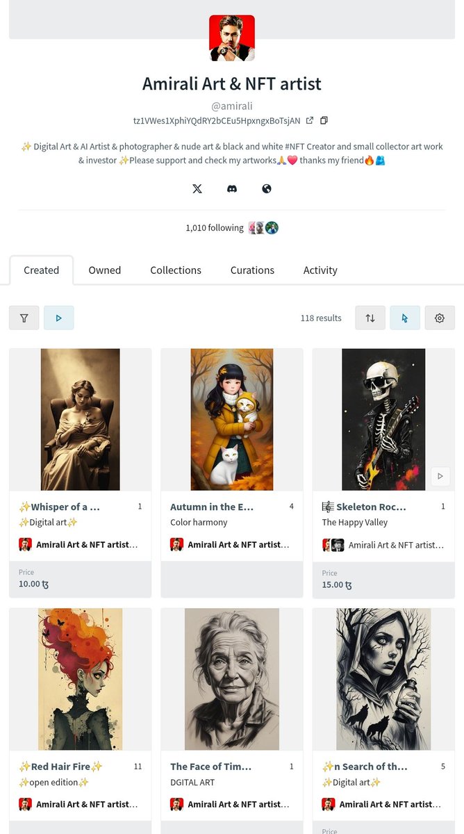 Amirali Art & NFT Artist ETH/TEZ (@amiraliafshar1) on Twitter photo 💎GM FAM💎
Please visit my artwork and I hope you will support it. Dear collectors, I have just acquired a <a href="/tezosdomains/">Tezos Domains</a> and my new wallet address has changed and you can connect by just opening a short link.👌🥰🫂
👇link 👇
objkt.com/@amirali
#NFTCommunity #nft_shill 💎GM FAM💎
Please visit my artwork and I hope you will support it. Dear collectors, I have just acquired a <a href="/tezosdomains/">Tezos Domains</a> and my new wallet address has changed and you can connect by just opening a short link.👌🥰🫂
👇link 👇
objkt.com/@amirali
#NFTCommunity #nft_shill