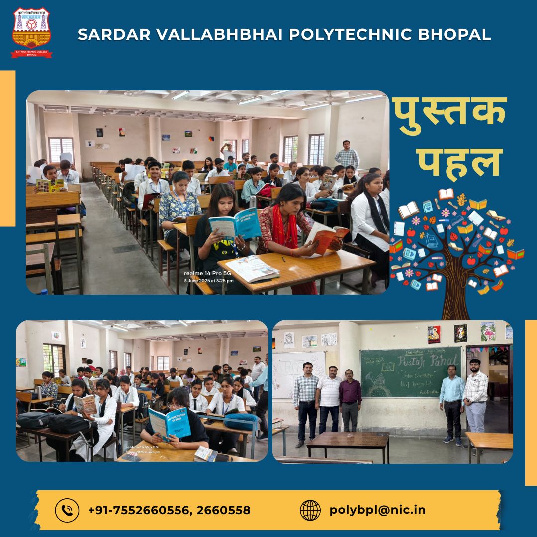 Svpsocialm2927's tweet photo. दिनांक 3 जून 2025 से  स. व. पॉलिटेक्निक महाविद्यालय भोपाल में एक सप्ताह  संस्था में रीडिंग वीक के रूप में मनाने की शुरुआत की गई, जिसमें विद्यार्थियों को भारत का संविधान पुस्तक पढ़ने के लिए उपलब्ध कराई गई l इस कार्यक्रम में काफी संख्या में विद्यार्थी उपस्थित रहेl
@Indersinghsjp https://t.co/g0EZgKhliu