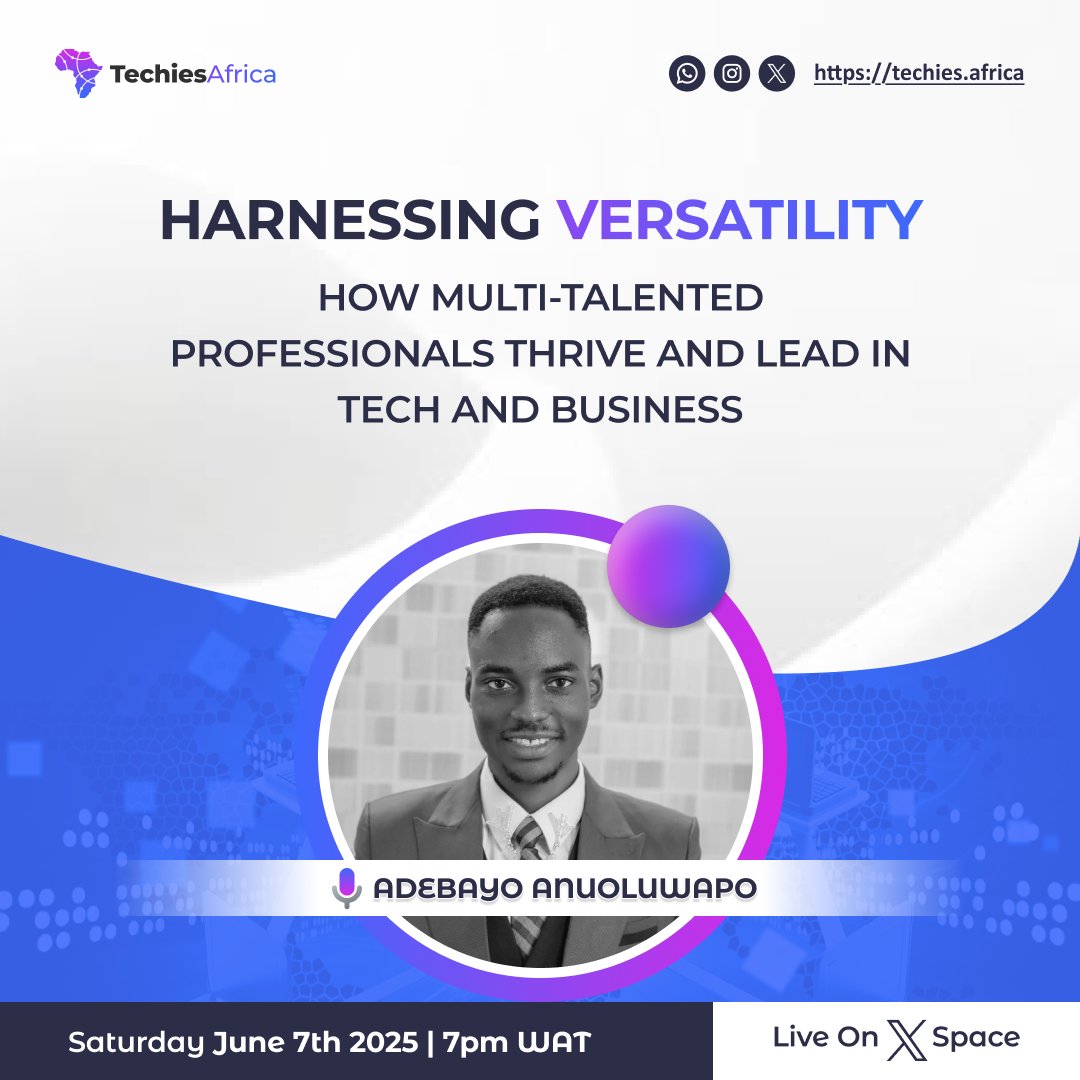 techies_africa's tweet photo. 🎯 Multi-talented? That’s your superpower!
Join our X Space as we explore how versatile professionals are thriving &amp; leading in tech and business.
🧠 Skills. 🚀 Strategy. 💼 Impact.
🗓️ Sat 07/06/2025
🔗 Tap in! https://t.co/SvQ2m1kA8f
#Versatility #Leadership #XSpace #TechCareers https://t.co/ypRxP4eSMJ
