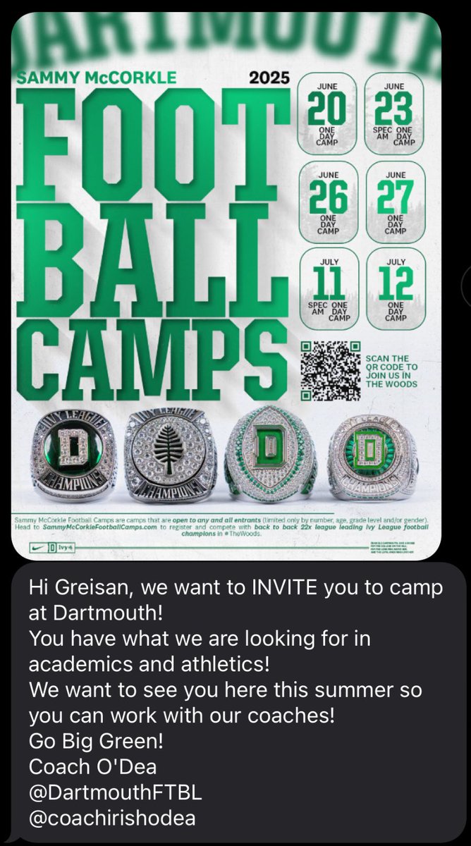 Greisan Follari-Jespersen (@greisanfollari) on Twitter photo Thank you <a href="/coachirishodea/">Danny O'Dea</a> for the invite up to <a href="/DartmouthFTBL/">Dartmouth Football</a> Big Green for camp!! Elite academics AND elite football!! ๐ฅ It was awesome to work with <a href="/CoachDaft/">Kevin Daft</a> last summer at Stanford camp and Iโm excited to compete and grow from another top-notch camp this year! Thank you <a href="/coachirishodea/">Danny O'Dea</a> for the invite up to <a href="/DartmouthFTBL/">Dartmouth Football</a> Big Green for camp!! Elite academics AND elite football!! ๐ฅ It was awesome to work with <a href="/CoachDaft/">Kevin Daft</a> last summer at Stanford camp and Iโm excited to compete and grow from another top-notch camp this year!