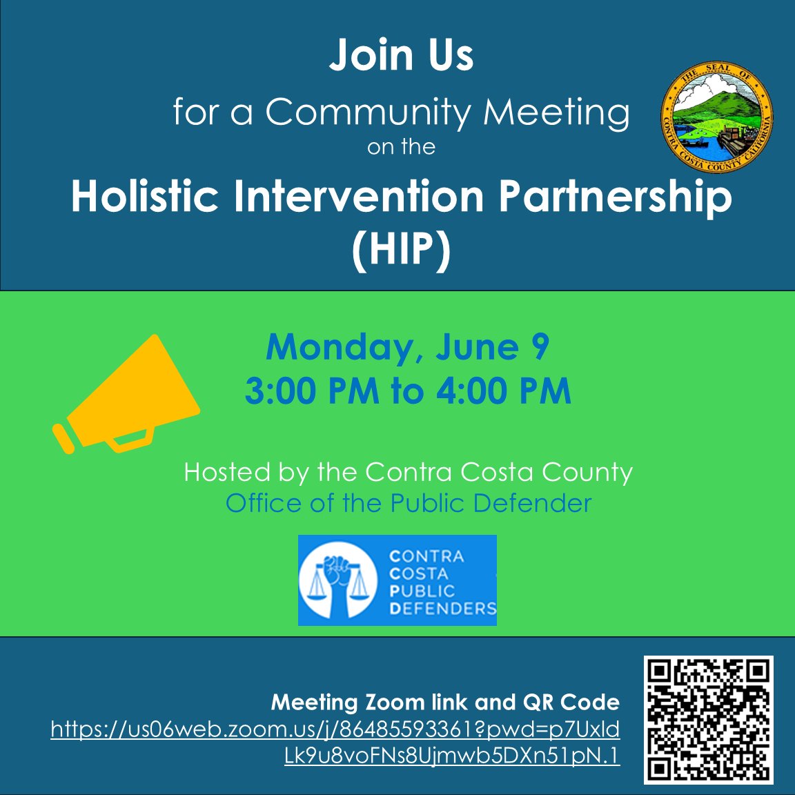 Contra Costa County (@cccounty) on Twitter photo Join <a href="/cocodefender/">Contra Costa Public Defender</a> on June 9 at 3 PM for a community meeting on the Holistic Intervention Partnership (HIP). Learn how we're supporting people with behavioral health needs & low-level offenses—and help shape the future of HIP in <a href="/CCCounty/">Contra Costa County</a>. More info: bit.ly/4kHJoKc Join <a href="/cocodefender/">Contra Costa Public Defender</a> on June 9 at 3 PM for a community meeting on the Holistic Intervention Partnership (HIP). Learn how we're supporting people with behavioral health needs & low-level offenses—and help shape the future of HIP in <a href="/CCCounty/">Contra Costa County</a>. More info: bit.ly/4kHJoKc