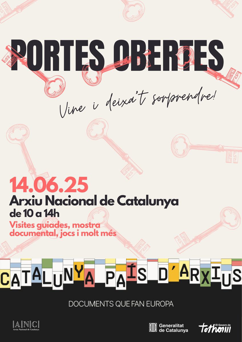 #JPO2025 🏛️ | Dissabte 14 de juny obrim de bat a bat l’<a href="/arxiunacional/">Arxiu Nacional</a> per donar-lo a conèixer i explicar com tenim cura del nostre patrimoni documental 📂📷

☝️ Reserva el teu lloc a anc.cultura@gencat.cat 

ℹ️ gen.cat/4kigu2T
💬 Vine i et sorprendràs!