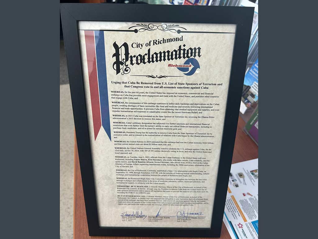 El Concejo de la ciudad de Richmond, California, aprobó una Proclamación que urge al Gobierno de Estados Unidos eliminar a #Cuba de la arbitraria lista de países patrocinadores del terrorismo y el levantamiento de todas las sanciones económicas.