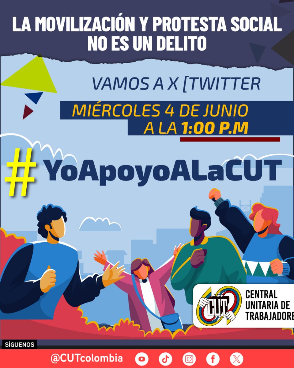 📢 La protesta social no es un delito, es un derecho. Hoy alzamos la voz por la CUT, por las y los trabajadores.
💥 #YoApoyoALaCUT
🕐 Nos vemos a la 1:00 p. m.