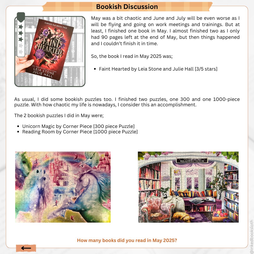 inkedbooksloth's tweet photo. May was a bit chaotic, and June and July will be even worse. But at least, I finished one #book in May, almost two actually, but then things happened. And also finished two #bookish #puzzles.

How many #books did you #read in May?

#booktwt #readingwrapup #puzzle #read #bookx https://t.co/ZdaybJDRGM