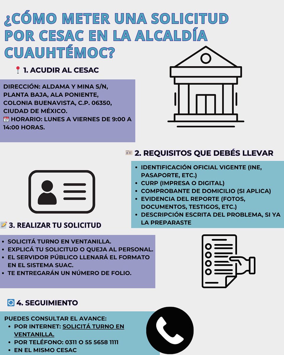 📢 ¿Necesitas hacer una solicitud o presentar una queja en la Alcaldía Cuauhtémoc?
Aquí te explicamos paso a paso cómo hacerlo por medio del CESAC 👆🏻

#CuauhtémocCDMX #CESAC #TrámitesCDMX #CiudadDeMéxico #ServiciosCiudadanos #QuejasYReporte