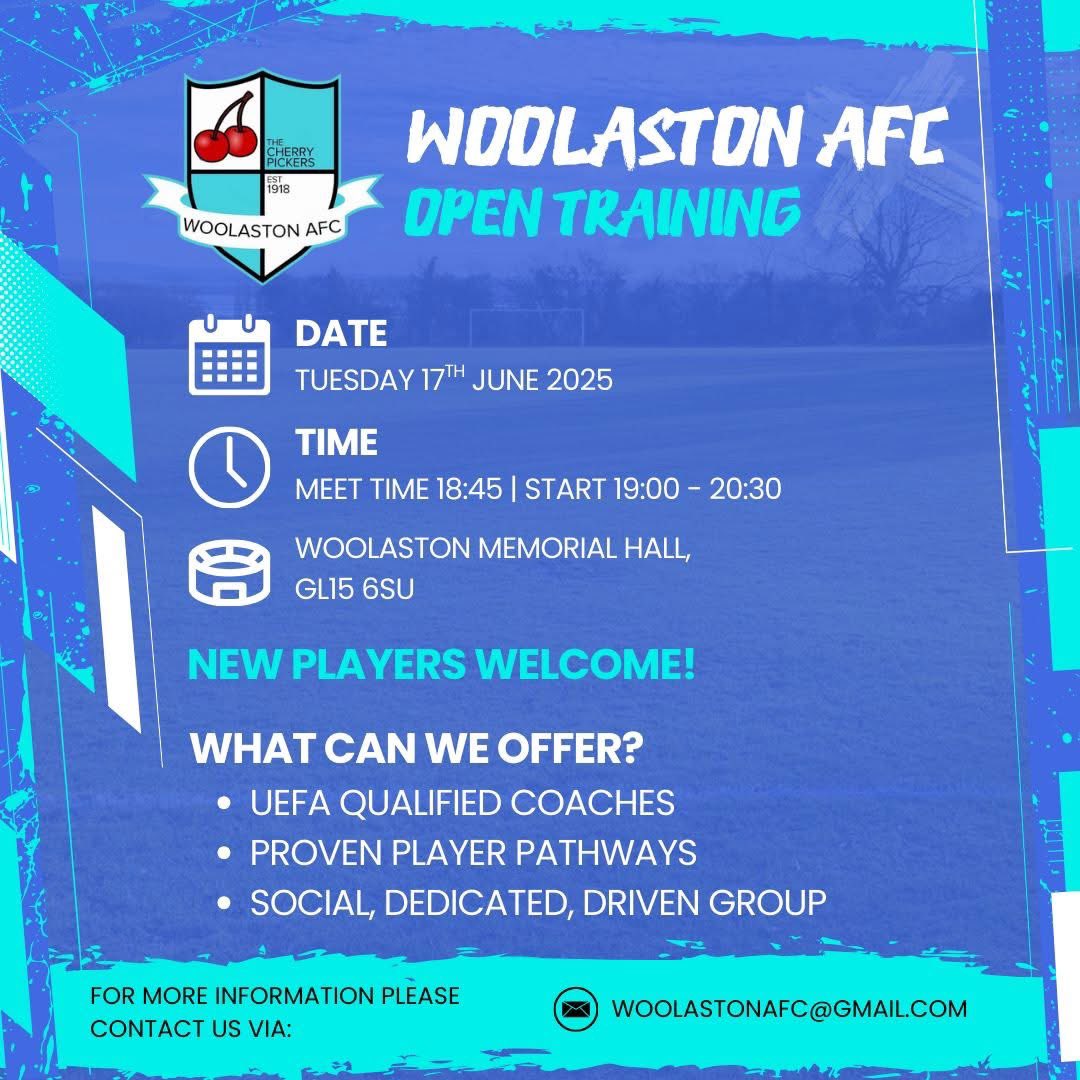 🗣️ Calling all returning &amp; new players!

Training starts up in only 2 𝙬𝙚𝙚𝙠𝙨! 🤯

Come along and be part of something special 🌟

📅 Tuesday 17th June
⌚ 7pm
🏟️ Woolaston Memorial Hall, GL15 6SU

📩 DM us or email woolastonafc@gmail.com for more information!