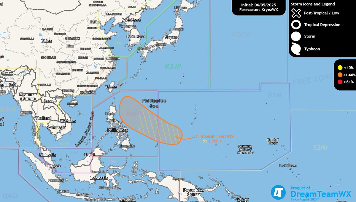 Kryezzy's tweet photo. West Pacific Tropical Cyclone Advisory – 1a
Forecaster: KryezWX Initial: 01z 06/05/2025 PHST

Tropical Invest #92W may develop as a weak #typhoon beyond 48 hours, risking #flooding in the #Philippines. More information provided in attachment. https://t.co/7YEHW4TZUc