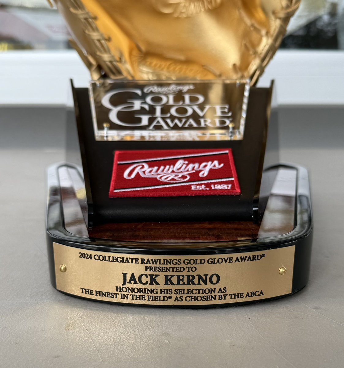 ElginSpartans's tweet photo. It’s finally here and beautiful 🤩 @JackKerno earned the NJCAA DII ABCA/Rawlings Gold Glove Award for his PERFECT fielding percentage at first base last season. https://t.co/qD5FQWTaJI