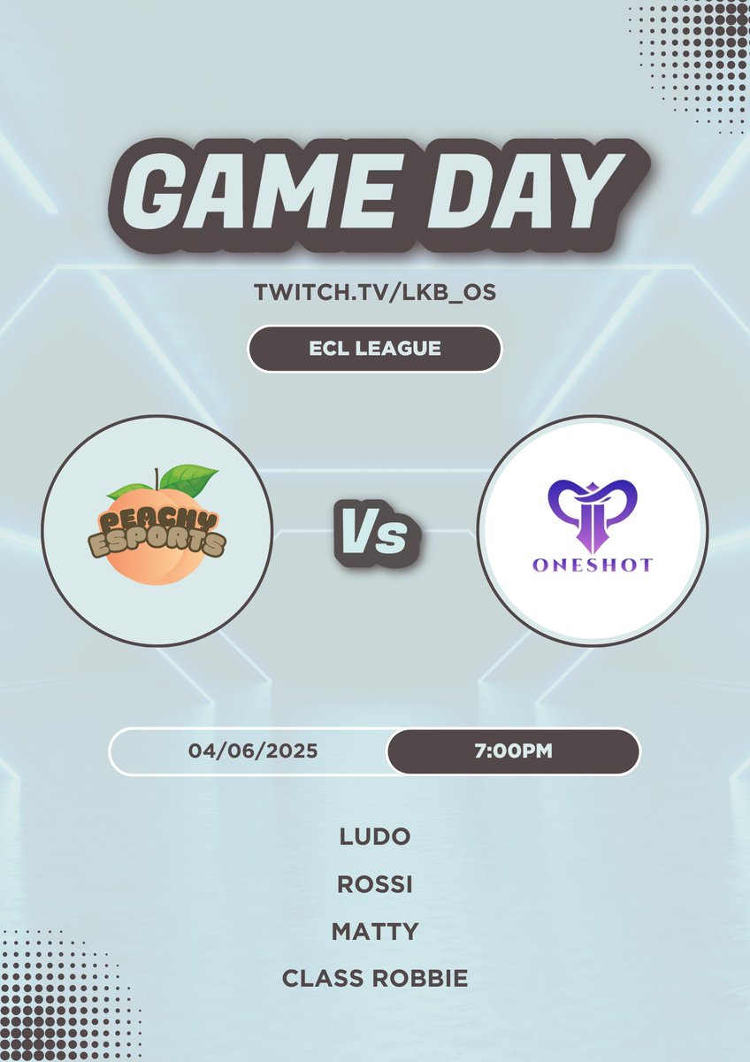 Peachy_eSports's tweet photo. 🎮 GAMEDAY! 🎮

Peachy eSports 🆚 One Shot

🟣 @EuCompLeague - Division 4 
🕗 7:00PM GMT
🎥 Caster: https://t.co/yHKsIw4Sih

 Roster:
🍑 @LudoUK_
🍑 @MatthewRossi536
🍑 @Matty_7401
🍑 @Classrobbie https://t.co/iWKJa0a8Zc