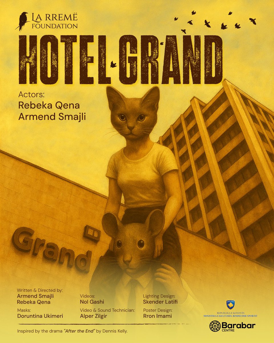 HOTEL GRAND është një lojë - një histori imaginare, absurde, e tensionuar dhe poetike per kuitesën, ikjen, pushtetin, mbijetesen dhe...

Shfaqja do të luhet me 15 dhe 16 ershor 2025, ne Qendrën Barabar, në katin e 4-te të Hotelit Grand, Prishtinë.