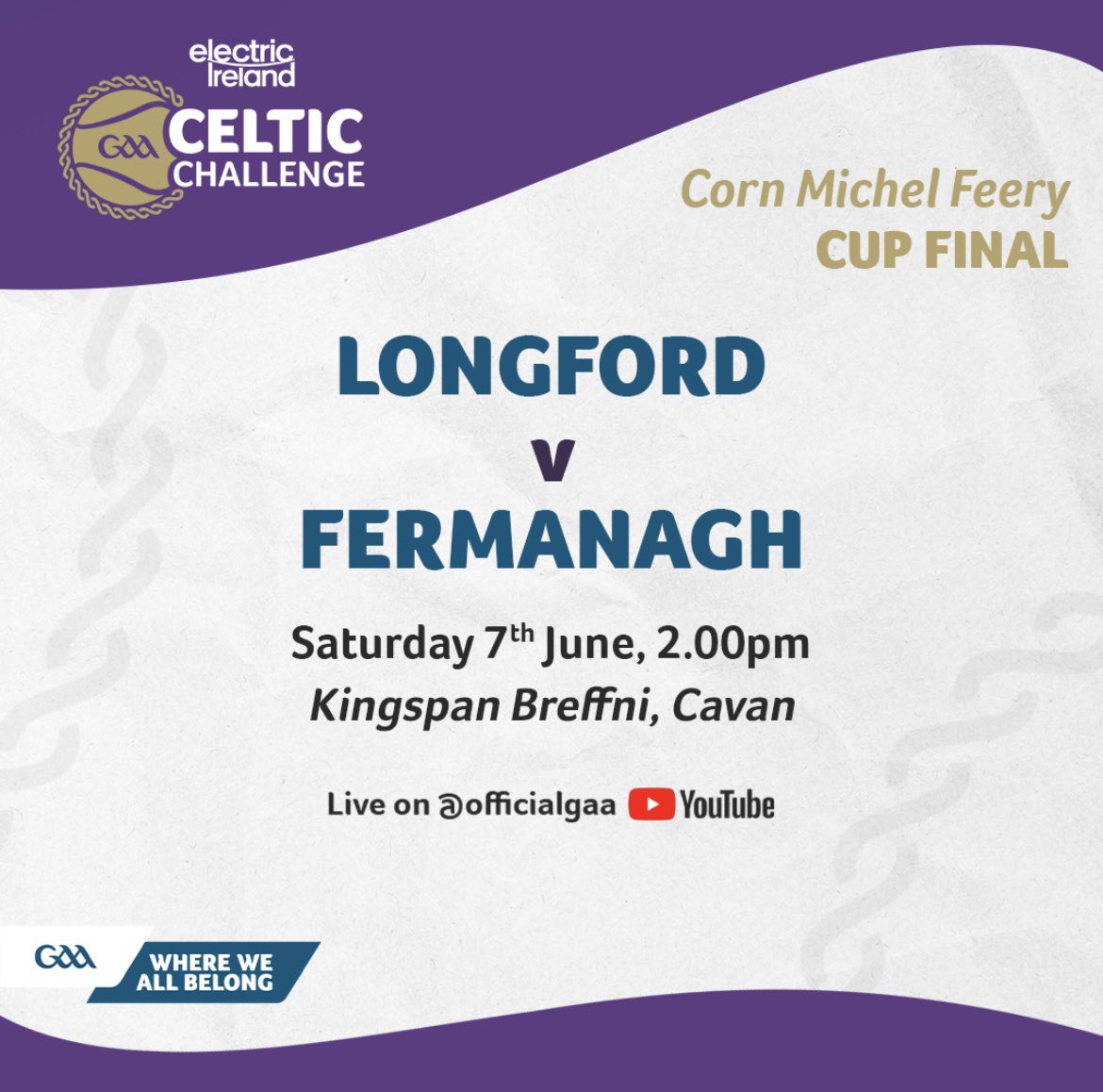 Longford in a Minor Final?! Sound familiar??!! Well our U17 Hurlers are aiming to deliver Longford’s second National Minor Title in a week this Saturday💙💛

We play Fermanagh in the Celtic Challenge Final in Kingspan Breffni Park at 2pm on Saturday June 7th🏑

Admission is