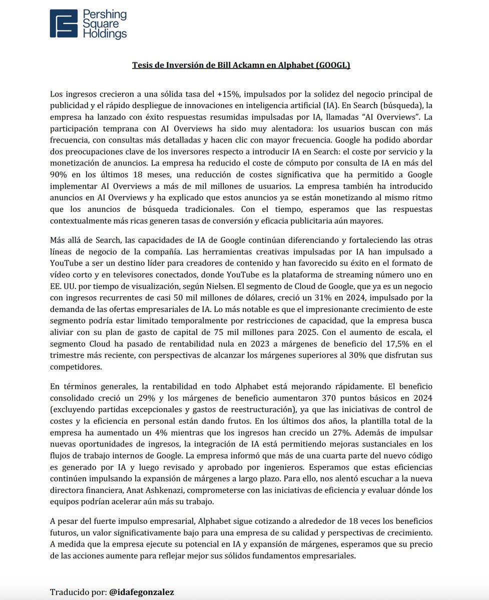 idafegonzalez's tweet photo. Acabo de traducir la Tesis de Inversión de Bill Ackman en $GOOGL 🚀

Bill Ackman ha conseguido un +16% CAGR desde 2002.

Tiene un 14% de su cartera en $GOOGL

No soy un gran fan de la empresa, pero le echaré un vistazo.

🔐 Guarda el tweet para no perderlo nunca.