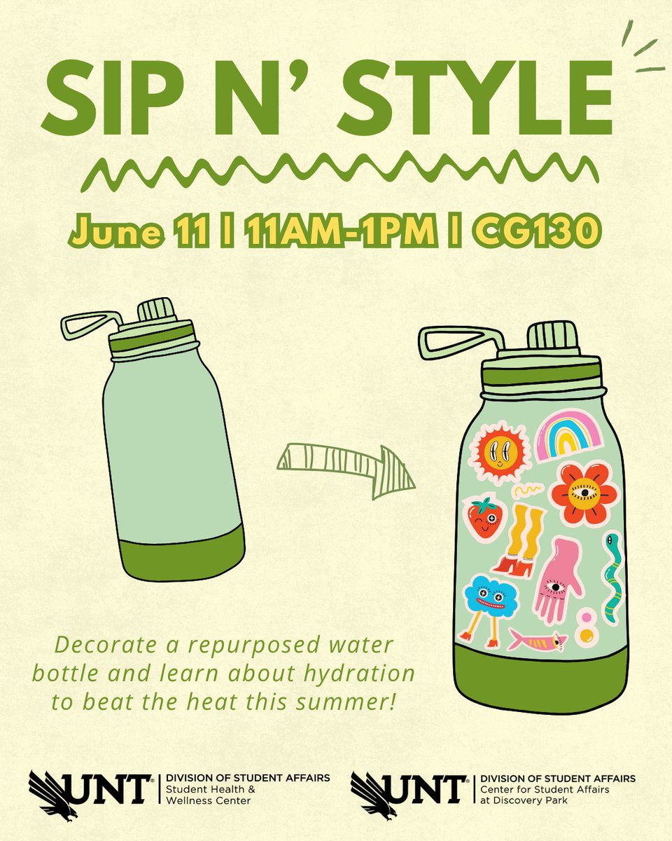 Get ready to be creative and eco-friendly at Sip N' Style! In collaboration with @untshwc, we are repurposing and decorating used water bottles while learning about the importance of hydration!  ✨♻️

🗓️ June 11
⏰ 11am-1pm
📍 CG130

#UNT #UniversityofNorthTexas #DiscoveryPark