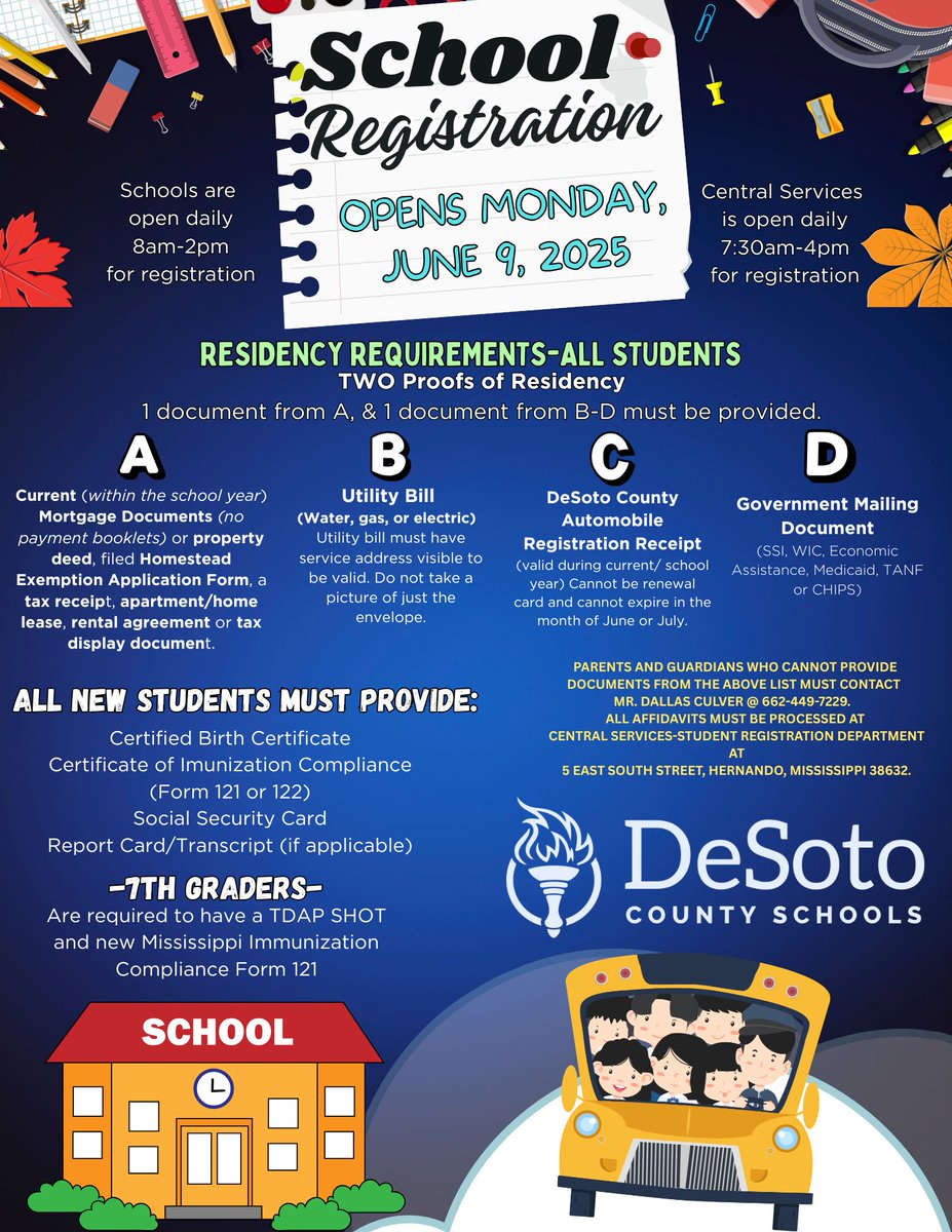 Registration for the 2025-2026 school year begins on Monday, June 9. Returning students will receive their snapcode via email over the weekend. New students, please visit desotocountyschools.org, click on registration, and select the new student link. #TeamDCS