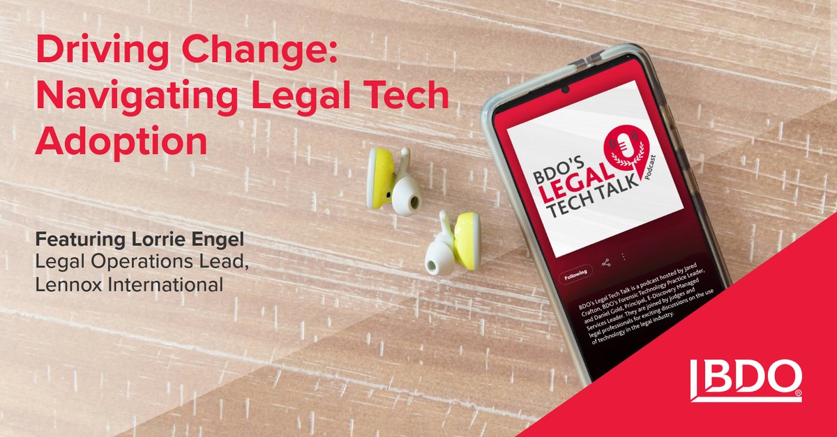 BDO_USA's tweet image. Recorded live from CLOC Conference! Host Daniel Gold and Eric Derk interview Lennox International’s Lorrie Engel on driving tech adoption in legal departments. Tune in to the conversation: bdousa.com/3SxEraL 

#LegalTech #TechIntegration