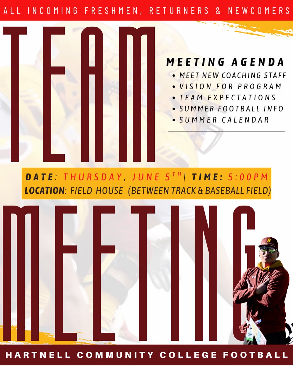 📣 TEAM MEETING 📣 Calling all returning players and new faces interested in playing 🏈 at Hartnell College!
🗓️ Thursday, June 5th 📍 Field House @ Hartnell College ⏰ 5 PM
Let’s build something special. It starts NOW! 💯
#JUCOFootball #HMOB #GrindSeason #NextLevel