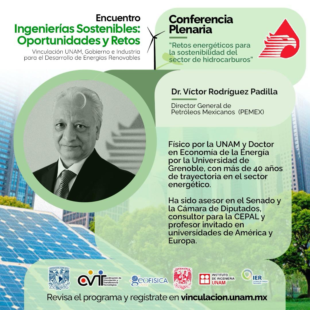 Academia, Industria y Gobierno, en el Encuentro de Ingenierías Sostenibles🌱
Acude a la conferencia impartida por el Dr. Víctor Rodríguez Padilla, sobre retos energéticos del sector de hidrocarburos.
📅13 de junio
🌐Modalidad híbrida
⏰9:50
Registro en:
▶️ vinculacion.unam.mx
