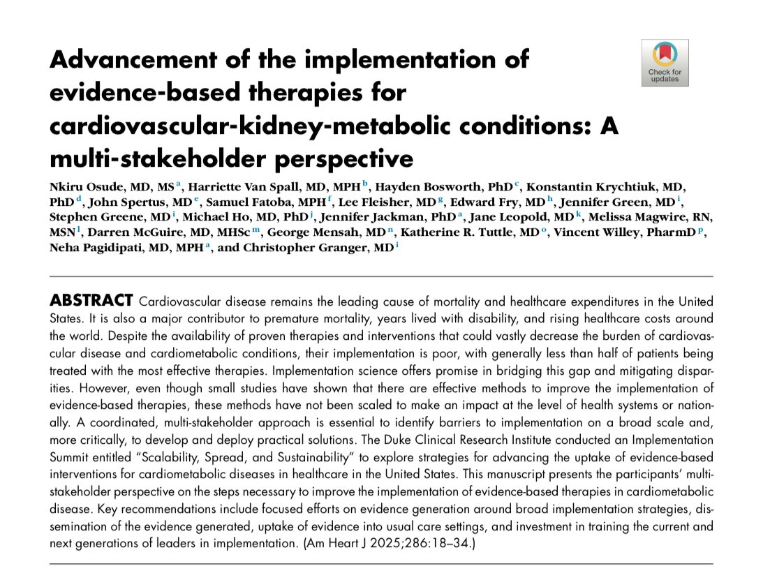 Harriette Van Spall, MD MPH 🇨🇦 (@hvanspall) on Twitter photo White paper on advancing #implementation of #CKM therapies led by <a href="/NkiruOsude/">Nkiru Osude, MD MS</a> <a href="/cbgranger/">Christopher Granger</a> et al in <a href="/AmericanHeartJ/">AmericanHeartJ</a>
Wonderful to see seasoned implementation scientists or investigators who’ve led high-touch implementation RCTs / projects on author panel.
sciencedirect.com/science/articl… White paper on advancing #implementation of #CKM therapies led by <a href="/NkiruOsude/">Nkiru Osude, MD MS</a> <a href="/cbgranger/">Christopher Granger</a> et al in <a href="/AmericanHeartJ/">AmericanHeartJ</a>
Wonderful to see seasoned implementation scientists or investigators who’ve led high-touch implementation RCTs / projects on author panel.
sciencedirect.com/science/articl…