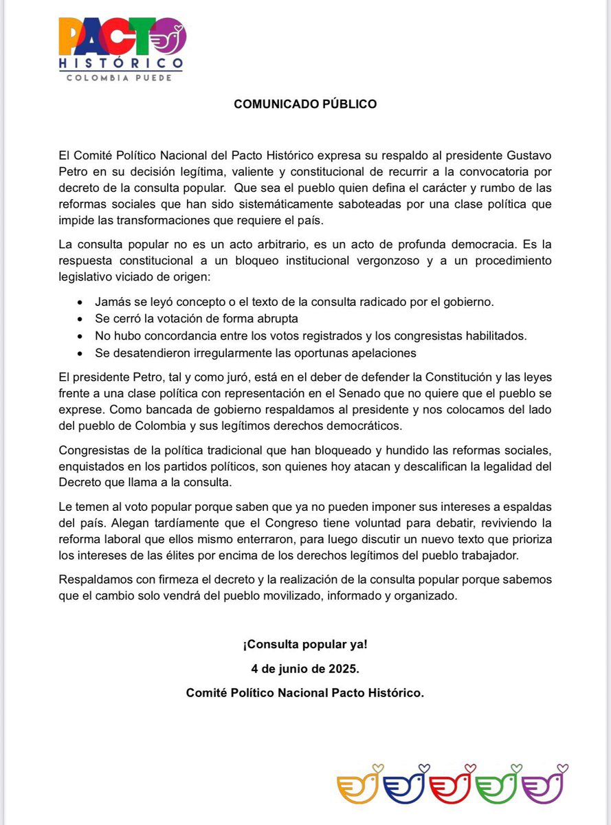 Que no se nos olvide quiénes son los que apoyan la ruptura institucional en #Colombia. La “consulta por decreto” que impulsa <a href="/petrogustavo/">Gustavo Petro</a> y el <a href="/PactoCol/">Pacto Histórico Oficial</a> no es otra cosa que un intento burdo de evadir el orden constitucional.

Además, es la cortina de humo perfecta para tapar el