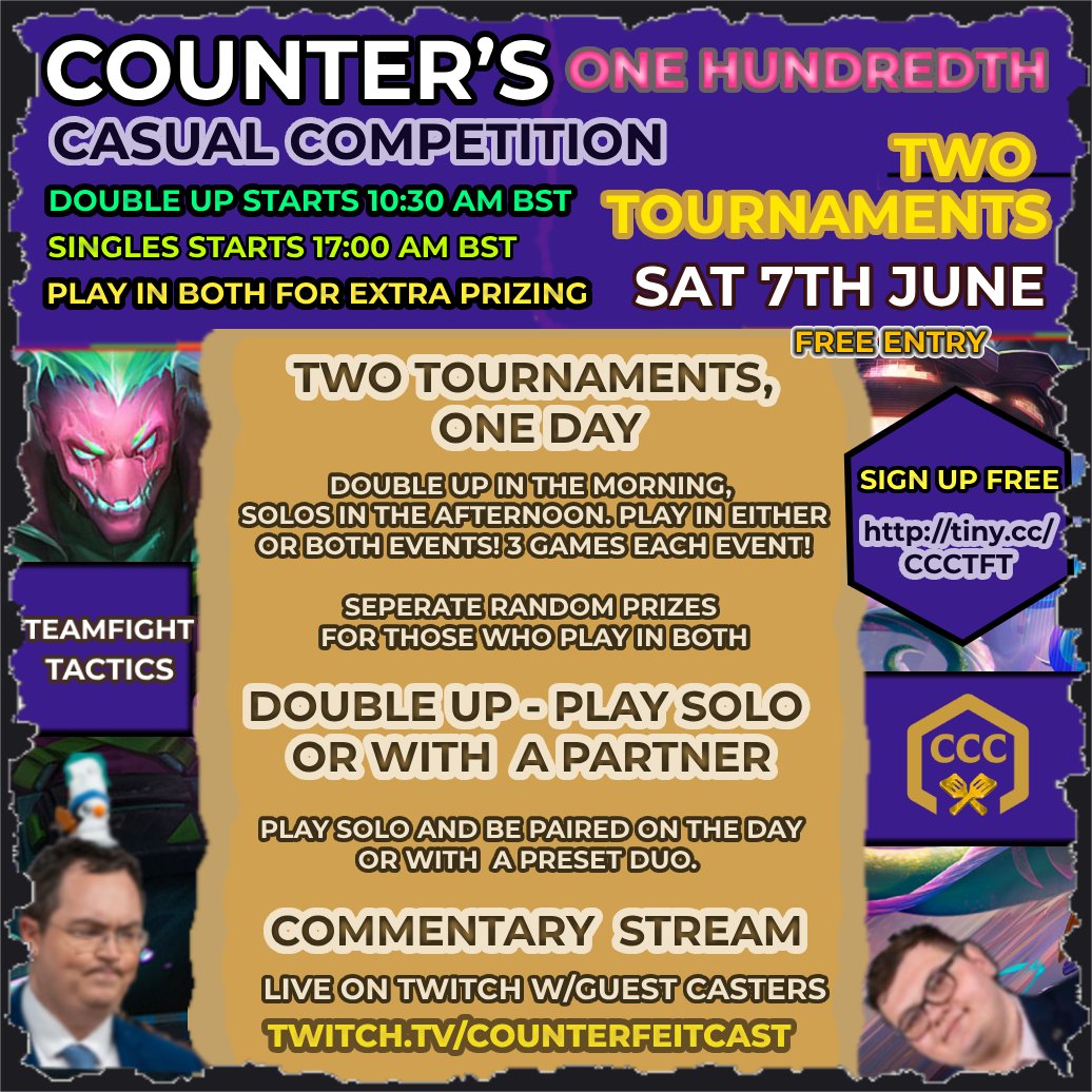 My HUNDREDTH Casual Competition is this Saturday and it's two competitions in one day!

🏆 Double Up in the morning, Singles TFT in the evening. 🏆

Come celebrate and play in either one or both with extra prizes for those who play in both events! 

vv Links below vv