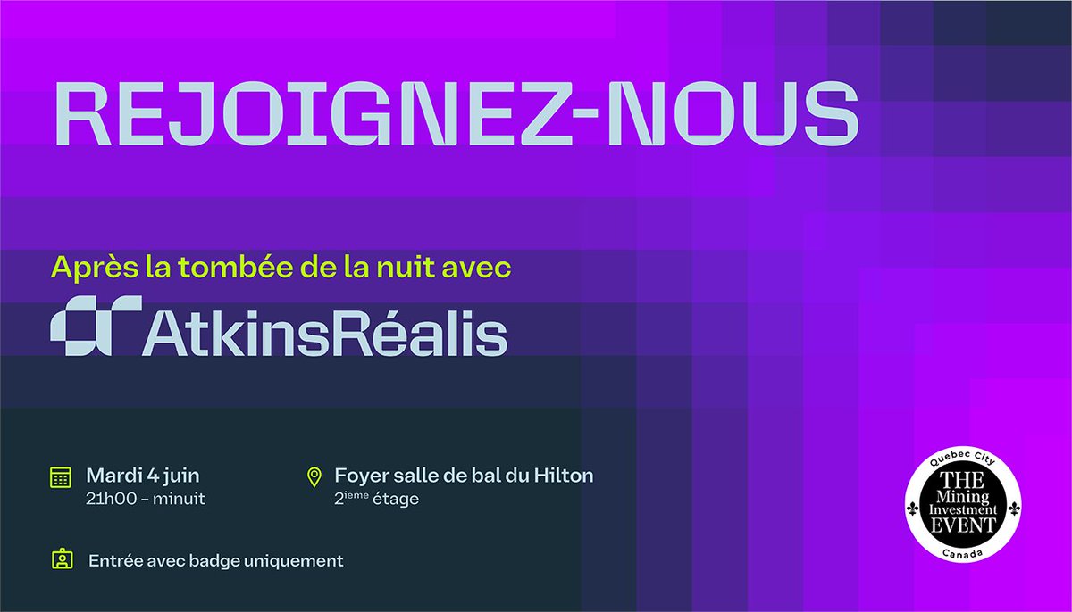 VID (@vid_conferences) on Twitter photo 🌌 Tonight’s the night!
Join us After Dark with <a href="/atkinsrealis/">AtkinsRéalis</a> at #THEEvent2025 in Québec City.
📍 Hilton Ballroom Foyer
🕘 9PM–Midnight
🎟️ Badge holders only
Let’s keep the networking going!
#MiningEvent #QuebecMining #AtkinsRealis #MiningNetworking 🌌 Tonight’s the night!
Join us After Dark with <a href="/atkinsrealis/">AtkinsRéalis</a> at #THEEvent2025 in Québec City.
📍 Hilton Ballroom Foyer
🕘 9PM–Midnight
🎟️ Badge holders only
Let’s keep the networking going!
#MiningEvent #QuebecMining #AtkinsRealis #MiningNetworking