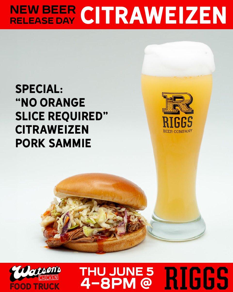 We'll be at @riggsbeerco this Thursday for the Citraweizen release with our No Orange Slice Required pork sammie made with the beer! Come check it out, only at the Truck that night!