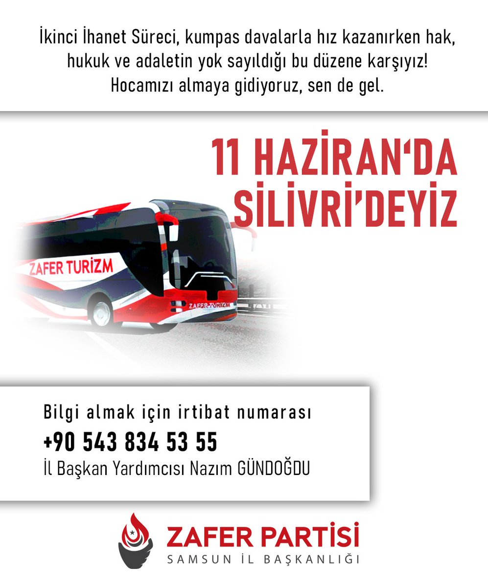 Zafer Partisi Samsun İl Başkanlığı (@samsunzaferp) on Twitter photo Türk milletinin hakkını savunmaya,
adaletin tesisine şahit olmaya,
yaşanacakları not almaya
11 Haziran'da Silivri'ye gidiyoruz!
Bilgi almak için İl Başkan Yardımcımız Nazım GÜNDOĞDU'nun telefon numarasını arayabilirsiniz.
(+90) 543 834 53 55
<a href="/AlperenCarus/">Av. Alperen Carus</a> Türk milletinin hakkını savunmaya,
adaletin tesisine şahit olmaya,
yaşanacakları not almaya
11 Haziran'da Silivri'ye gidiyoruz!
Bilgi almak için İl Başkan Yardımcımız Nazım GÜNDOĞDU'nun telefon numarasını arayabilirsiniz.
(+90) 543 834 53 55
<a href="/AlperenCarus/">Av. Alperen Carus</a>
