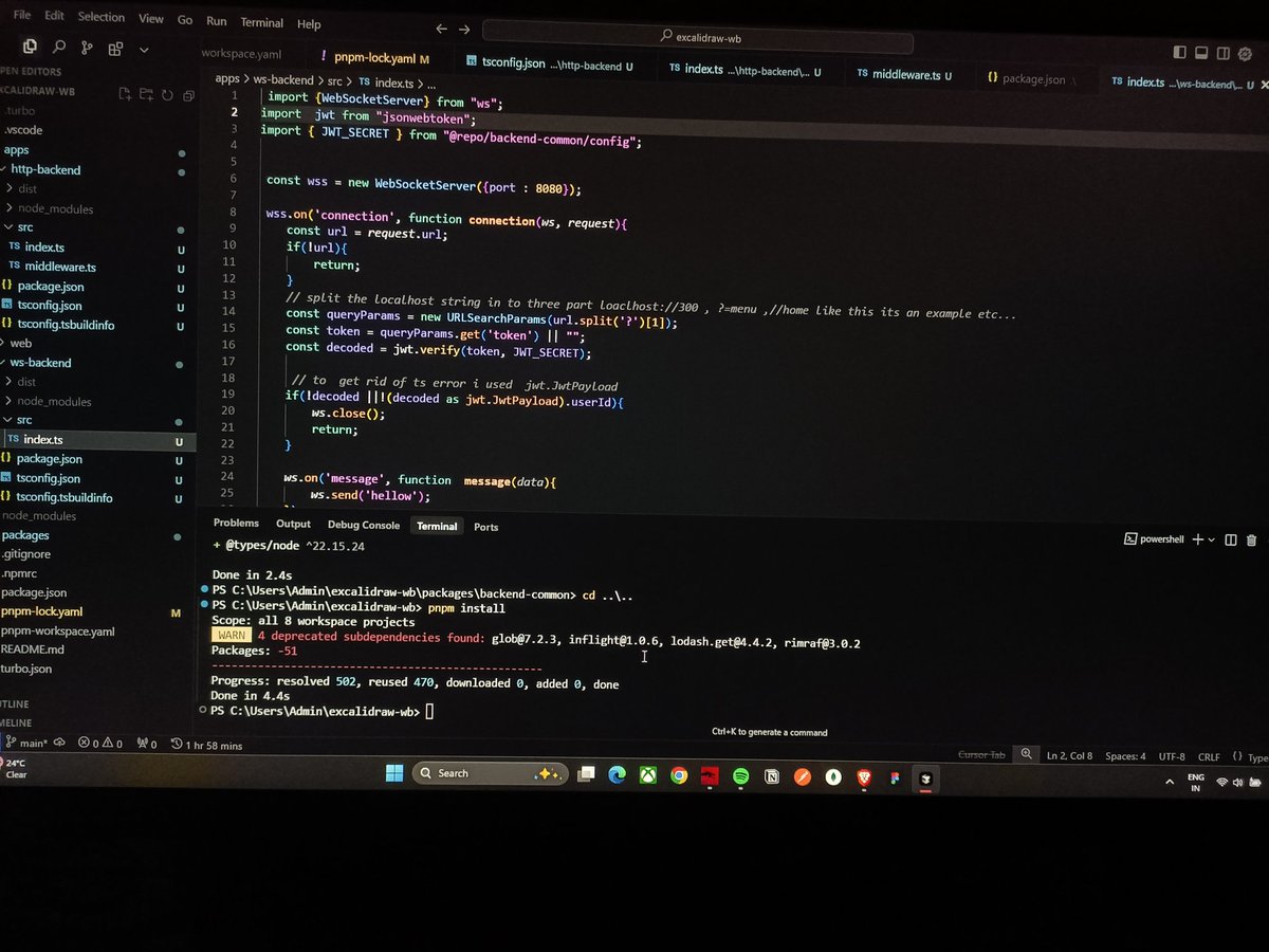 FrostbytHitsuG's tweet image. Late-night grind with WebSocket + JWT Auth 
Just built a secure WebSocket server that verifies users using JWT tokens before establishing a connection

#100DaysOfCode #NodeJS #WebSocket #BackendDev #DevCommunity #WomenWhoCode #CodeNewbie #TypeScript #BuildInPublic #javascr