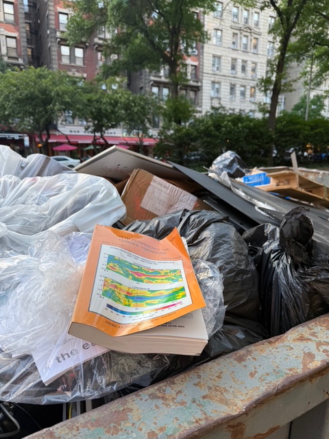 GusSaltonstall's tweet photo. Sad scenes at 112th Street.

A dumpster full of science books, journals and materials  following NASA having to vacate its building of 60 years following a federal gov cost cutting executive order to re-examine all leased federal office space.
https://t.co/3QedlPWKep https://t.co/YUDMOA6k2L