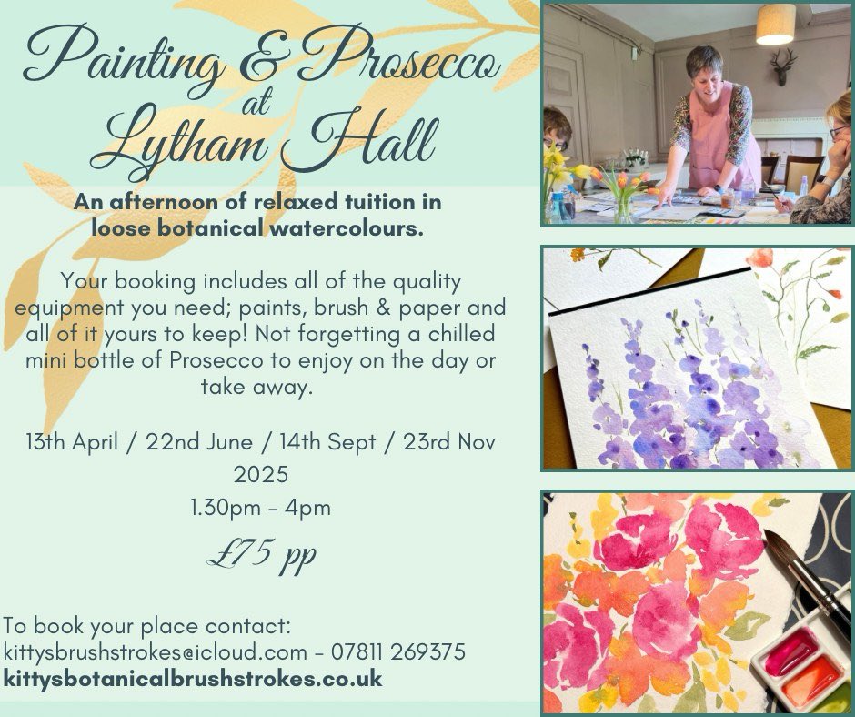 Lytham Hall (@lythamhall) on Twitter photo 🥂 Painting & Prosecco on June 22nd 🥂
1:30 - 4pm
Learn the art of loose botanical watercolours here at Lytham Hall, all whilst you enjoy a chilled mini-bottle of Prosecco.
Full details on our website .
📧 Contact Kitty for booking at:
kit.bouman@mac.com 🥂 Painting & Prosecco on June 22nd 🥂
1:30 - 4pm
Learn the art of loose botanical watercolours here at Lytham Hall, all whilst you enjoy a chilled mini-bottle of Prosecco.
Full details on our website .
📧 Contact Kitty for booking at:
kit.bouman@mac.com