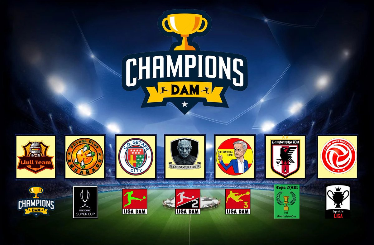 Liga DAM Oficial (@ligadam) on Twitter photo 🏅Champions DAM
🗓️Temporada 2025/2026
🔷Llull Team (<a href="/llullteam/">Miguel</a>)
🔷F.C. Engañaos (<a href="/FCEnganyaos/">Oscar F.C. Engañaos</a>)
🔷C.D. Getafe City (<a href="/CDGetafeCBW/">C.D. Getafe City BWG</a>)
🔷El Caminante Blanco FC (<a href="/DavidTorbellino/">David Torbellino</a>)
🔷Team José Mourinho (<a href="/RReal91/">Rubén Real</a>)
🔷Lambrusko Kid (<a href="/LKDAM_inside/">Lambrusko Kid 🔴11🏆🔴</a>)
🔷Caño Sporting Club (<a href="/CanoSporting/">Caño Sporting Club</a>) 🏅Champions DAM
🗓️Temporada 2025/2026
🔷Llull Team (<a href="/llullteam/">Miguel</a>)
🔷F.C. Engañaos (<a href="/FCEnganyaos/">Oscar F.C. Engañaos</a>)
🔷C.D. Getafe City (<a href="/CDGetafeCBW/">C.D. Getafe City BWG</a>)
🔷El Caminante Blanco FC (<a href="/DavidTorbellino/">David Torbellino</a>)
🔷Team José Mourinho (<a href="/RReal91/">Rubén Real</a>)
🔷Lambrusko Kid (<a href="/LKDAM_inside/">Lambrusko Kid 🔴11🏆🔴</a>)
🔷Caño Sporting Club (<a href="/CanoSporting/">Caño Sporting Club</a>)