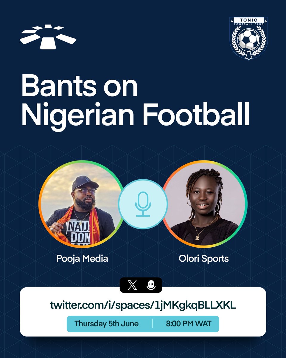 We’re talking all things Nigerian football with <a href="/PoojaMedia/">POOJA!!!</a> &amp; <a href="/OloriSports/">Aderonke Adesola ( Ibadan Camavinga)</a> 

Join our space, you’ll love it!
x.com/i/spaces/1jMKg…