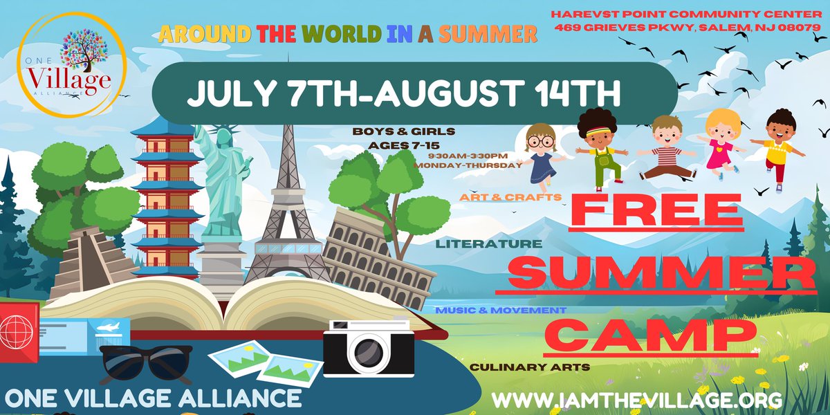 📣🌍 FREE SUMMER CAMP ALERT! 🌞✈️
Get ready to go Around the World in a Summer with One Village Alliance!

📅 July 7th – August 14th
📍469 Grieves Pkwy, Salem, NJ 08079

👦🏾👧 Ages 7–15 | Boys &amp; Girls welcome!
📲 Register now at iamthevillage.org
✨ Don’t miss out!