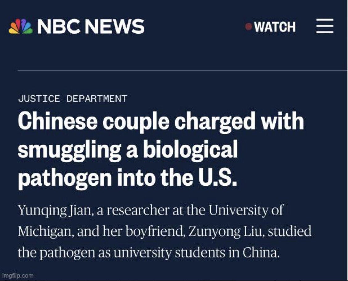 Chinese nationals arrested for attempting to smuggle biological pathogen fungus into the United States "for research" at the University of Michigan. 

If it was truly for "research," then why the need to smuggle it in? Just saying......