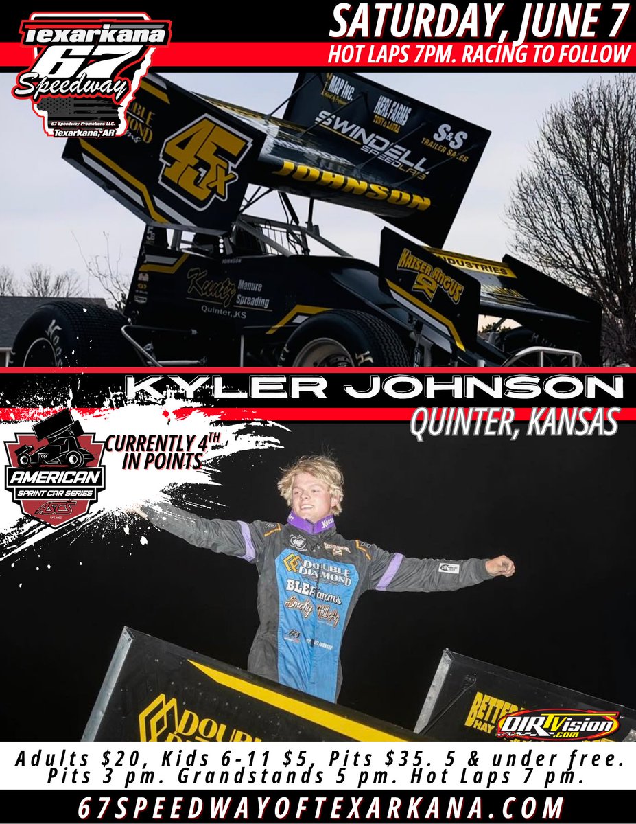 Texarkana 67 Speedway (@texarkana67) on Twitter photo Kyler Johnson from Quinter, Kansas, is currently 4th in the <a href="/ASCSRacing/">American Sprint Car Series</a> series. During last year's ASCS event, Kyler had issues and wasn't able to start and he is looking to put his 45X in victory lane. Thank you for your support, Kyler and we look forward to have you and your Kyler Johnson from Quinter, Kansas, is currently 4th in the <a href="/ASCSRacing/">American Sprint Car Series</a> series. During last year's ASCS event, Kyler had issues and wasn't able to start and he is looking to put his 45X in victory lane. Thank you for your support, Kyler and we look forward to have you and your