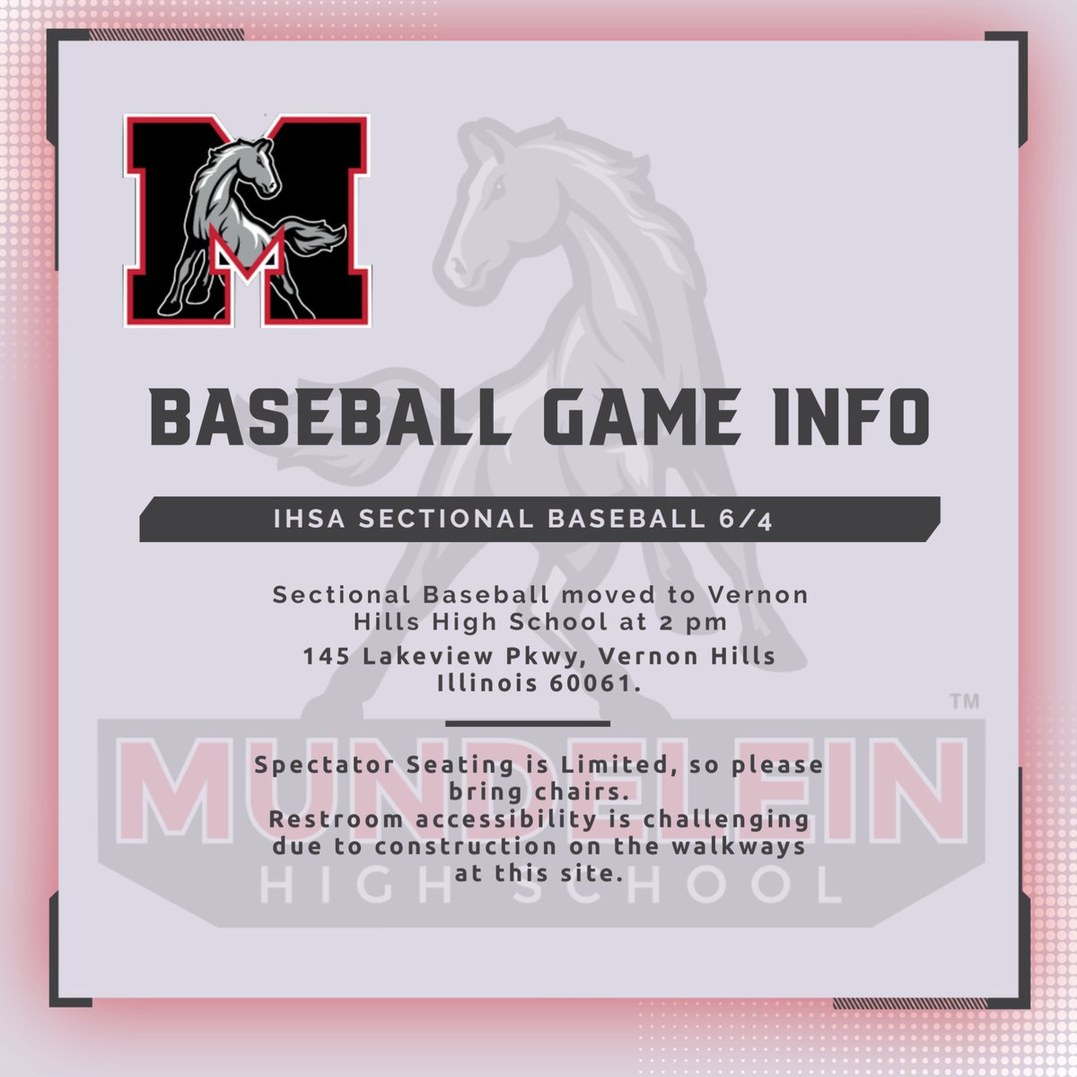 Baseball Fans, Please note the location change and the suggestion that you bring your own lawn chairs as seating is limited for todays IHSA Sectional BB Games. Good luck to the Mustangs in the Sectional Semi-Final at 2 pm today.