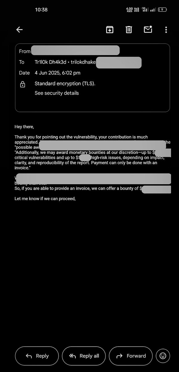 Tr1l0kDh4k3d's tweet photo. Radhe Krishna ❣️ Bounty  
Happy to secure 🔐 ✅
#web #bugbounty #informationsecurity #bughunter 
#infosec #redteaming #Vulnerability #bugbounty #hacking #securityanalytics #threatintel #threathunting  #detectionengineering https://t.co/au0lfZ4GxB