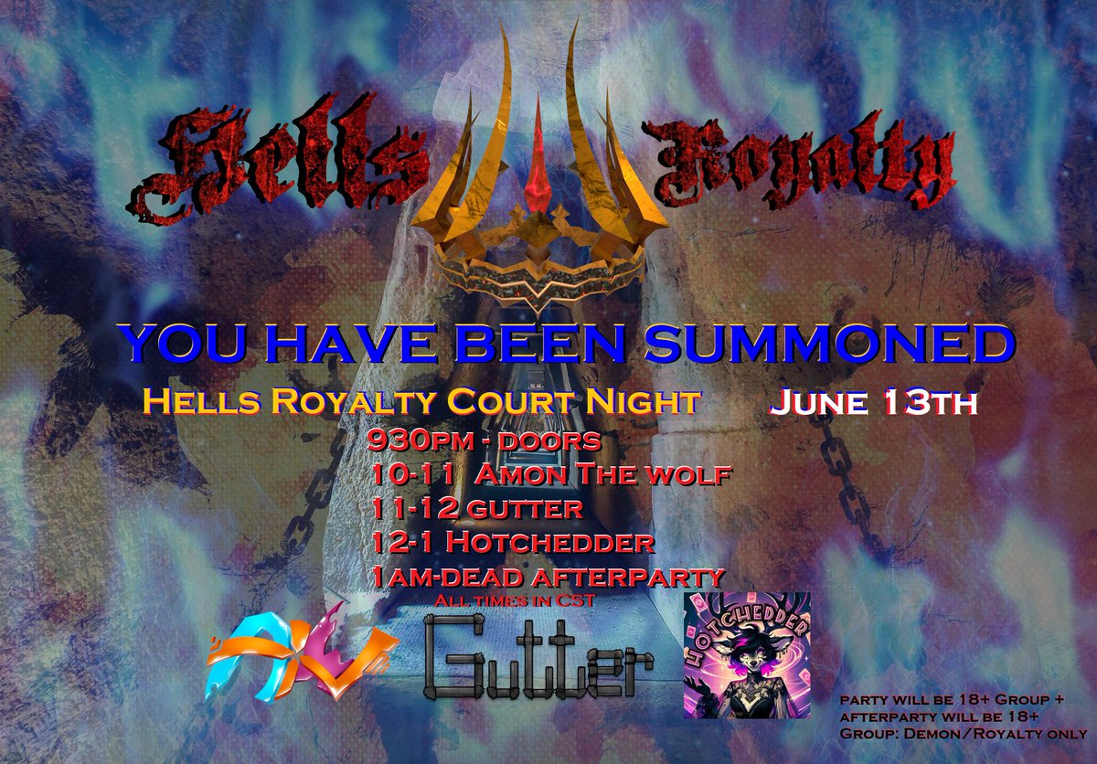 DunnyThiccc's tweet image. I do love me some Friday the 13th madness
Hells Royalty Court Night for June
6/13/2025 Friday The 13th
Lobby: 18+ / Group+
Afterparty: 18+ / Group: Demon & Royalty only
all times in central
10-11pm @amontwolf
11-12 Gutter @MrDerpMaximum
12-1 HotChedder
1-dedge Afterparty