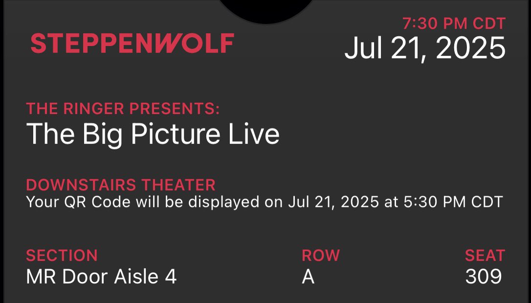 EricQuattrone's tweet photo. @SeanFennessey I got my front row seat for @TheBigPic LIVE 7/21 Chicago @SteppenwolfThtr! Looking forward to hanging with all the Chicago Psychos. Love Amanda too, but I’m sure she’s checking out reels on Instagram…Can’t wait! https://t.co/p9vlsFnl7w